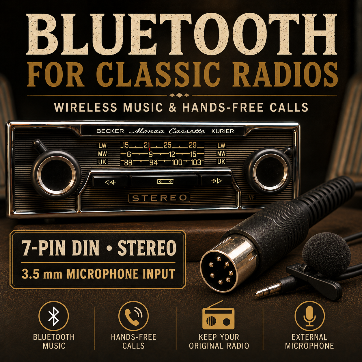 Bluetooth Hands-Free Mic Adapter 7 Pin DIN Stereo Becker Blaupunkt Grundig Radio