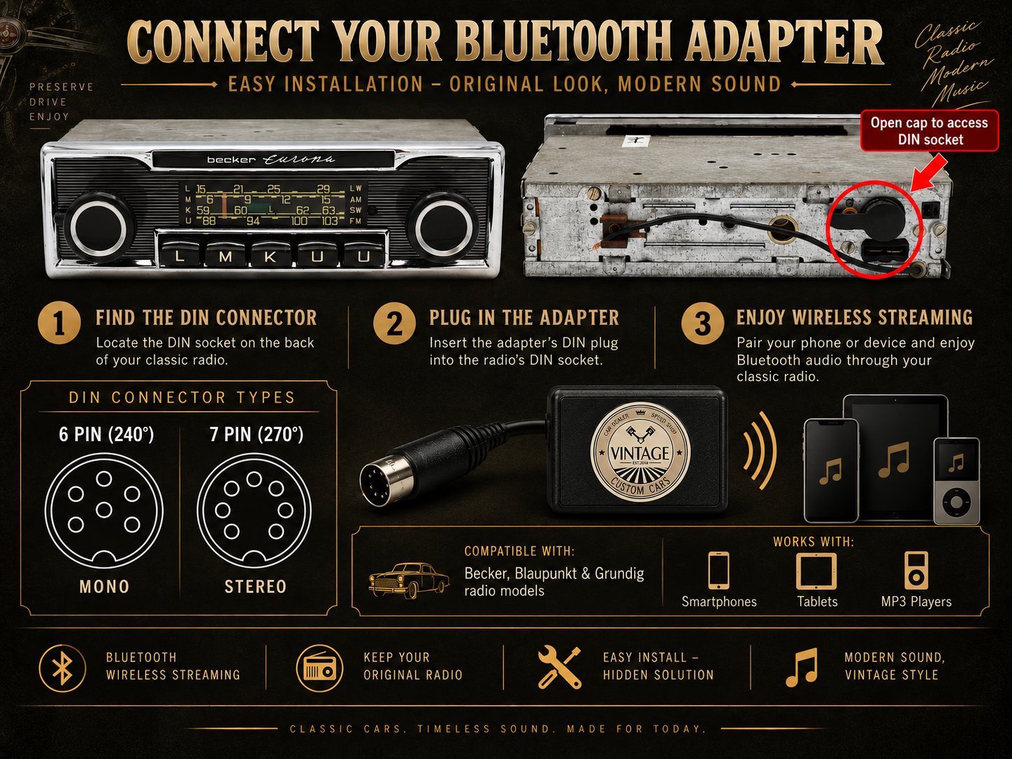 Bluetooth Hands-Free Mic Adapter 6 Pin DIN Mono Becker Blaupunkt Grundig Radio - Image 3